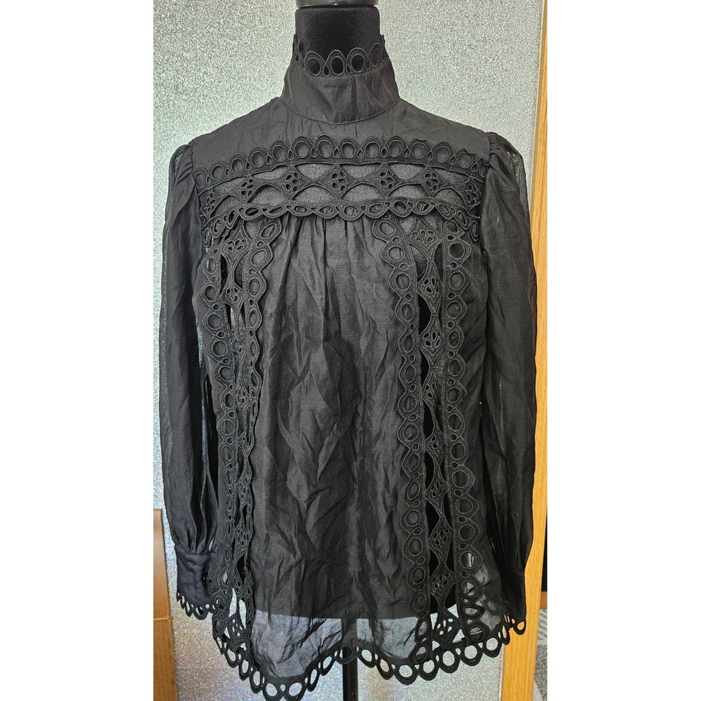 CQ by CQ Black Eyelet Lace Sheer‎ Mock Neck Blouse Long Sleeve Scalloped Top S
